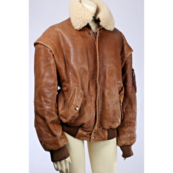 Vintage Midway Brown Leather Zipper Bomber Jacket Size 40 Sheep Shearling Collar - Picture 10 of 16